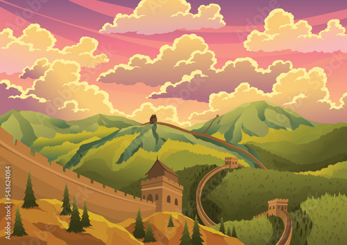 Great chinese wall landscape with watchtowers and wall sections on green mountains for travel or tourism. Chinese prominent sight, monumental giant structure vector illustration