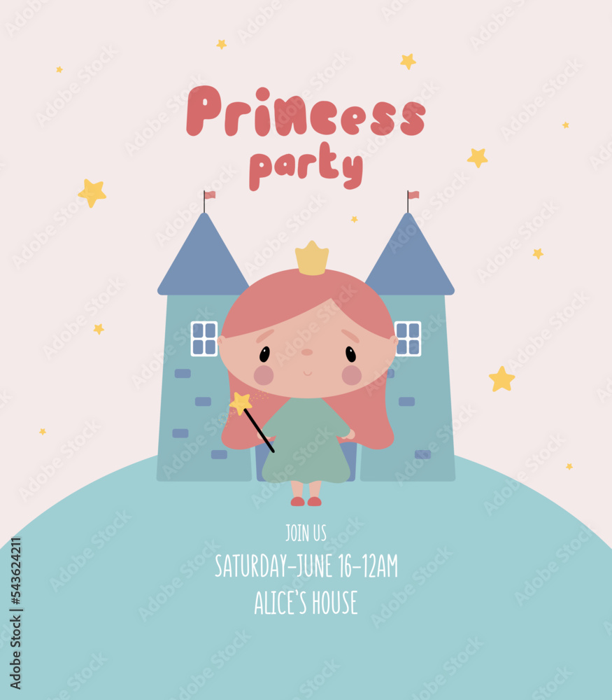 Princess Party invitation with cute princess and castle. Vector illustration in cartoon style.	