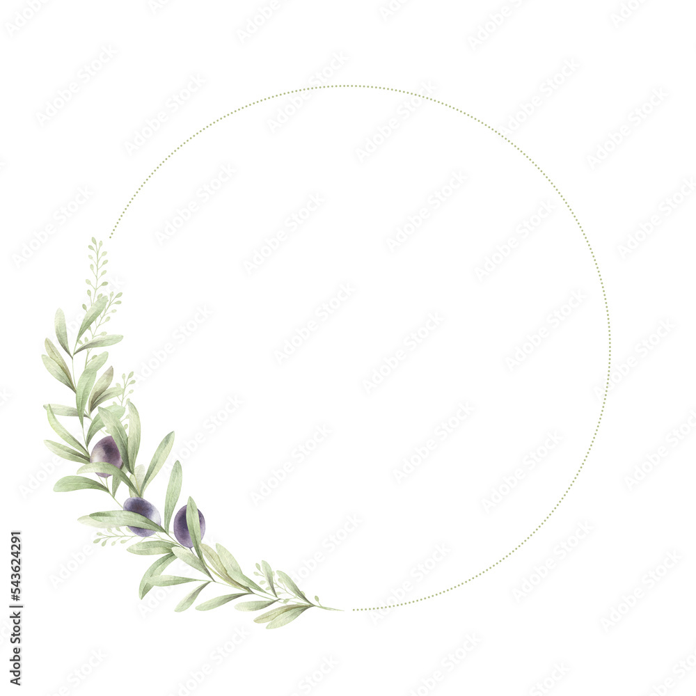 Frame with olive branches. Watercolor wreath of olive branches. Frame with olive branches. Watercolor wreath of olive branches.
