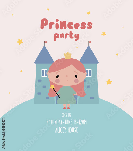 Princess Party invitation with cute princess and castle. Vector illustration in cartoon style.	