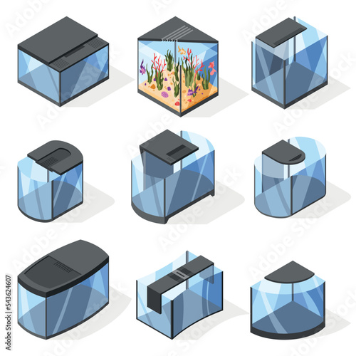 Isometric aquarium in modern minimalistic style and different forms. Transparent acrylic, plastic or plexiglass box for exhibit. Vector illustration empty clear glass showcase on white background