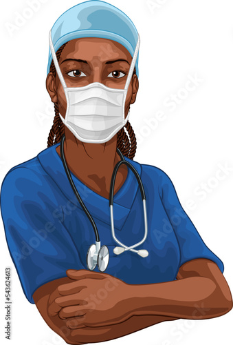 A black woman doctor or nurse medical healthcare health professional in scrubs mask and ppe illustration