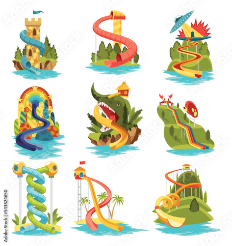 Waterpark water slide with colored plastic screw slides. Aquaparks and swimming pool equipments set, recreation or amusement parks, fun graphic design elements. Summer attractions