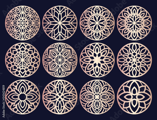 Set decorative circle coaster for laser cutting. Round abstract geometric coaster card. Laser cut design. Vector illustration	