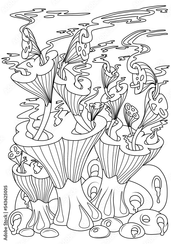Fairy mushrooms that grow one from the other. Vector illustration of children's coloring book Fairy mushrooms that grow one from the other. Vector illustration of children's coloring book