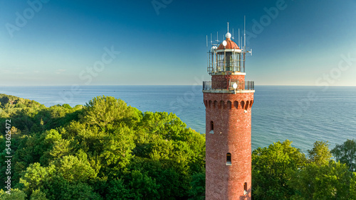 Lighthouse by Baltic Sea in summer, Aerial view of Poland