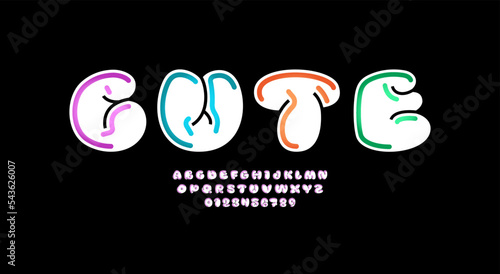 Multi colored font, comic alphabet in the cartoon style, uppercase letters and numbers, vector illustration 10EPS