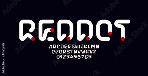 Technical font bold alphabet, letters and numbers witn red dot