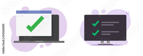 Checklist list online task finished completed icon vector illustrated on laptop computer, answer questionnaire and vote web application check mark form, survey website graphic idea image photo
