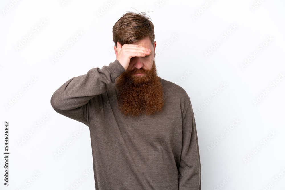 Redhead man with beard isolated on white background with headache Redhead man with beard isolated on white background with headache
