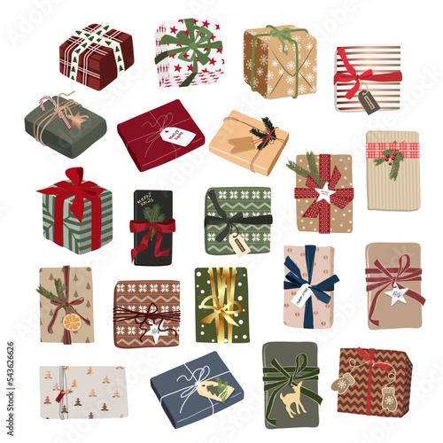 Vector set of various colorful packed Christmas present boxes in flat style, isolated on a white background.