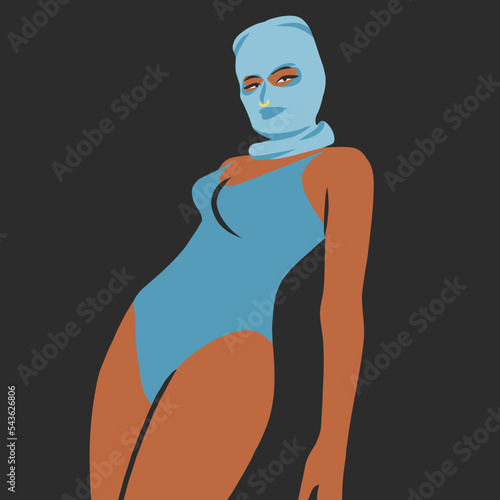 Hand drawn abstract vector graphic clipart illustrations collection set with bandit girl in balaclava.Trendy modern female design concept.Vector woman fashion portrait contemporary art.Beauty model.