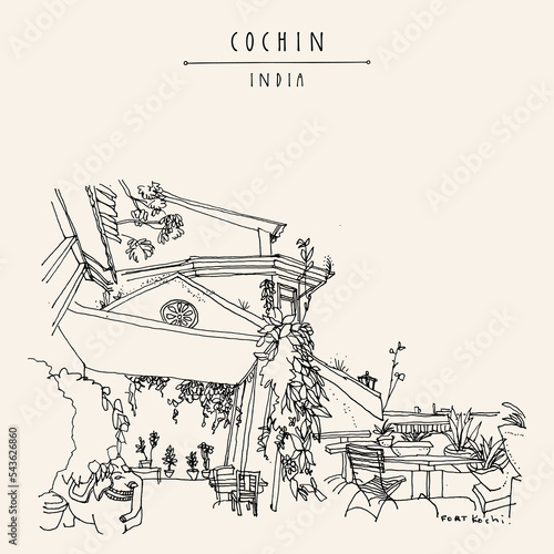 Vector Cochin (Kochi), Kerala, South India postcard. Seaside cozy cafe travel sketch drawing. Heritage building, tables  and tropical plants in the garden in Fort Kochi. Historical venue