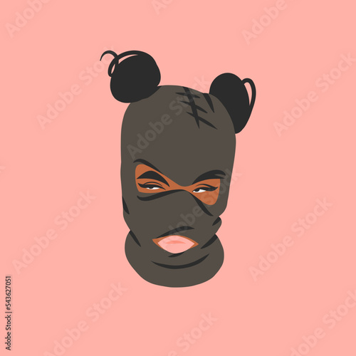 Hand drawn abstract vector graphic clipart illustrations collection set with bandit girl in balaclava.Trendy modern female design concept.Vector woman fashion portrait contemporary art.Beauty model.