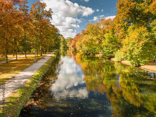 Aerial view of Bydgoszcz canal in autumn.