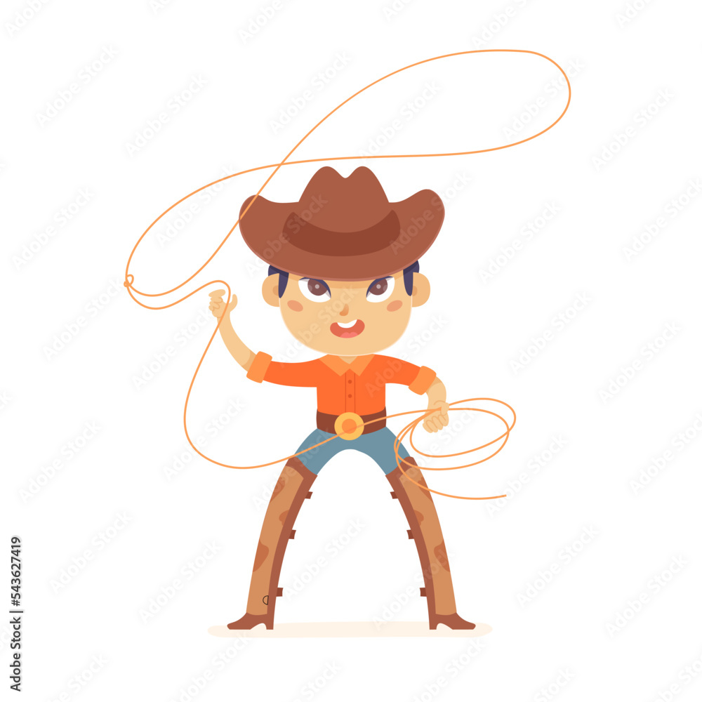 Cute kid cowboy holding rope lasso, little funny boy in traditional Texas cowboy costume Cute kid cowboy holding rope lasso, little funny boy in traditional Texas cowboy costume