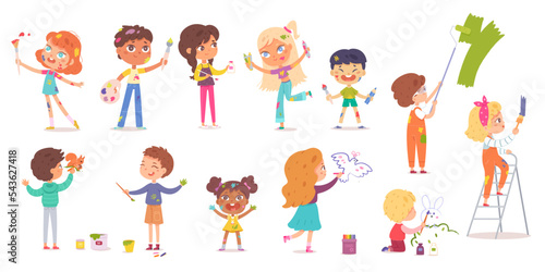 Children draw with paint brush, crayon and pencil on wall, artists drawing pictures