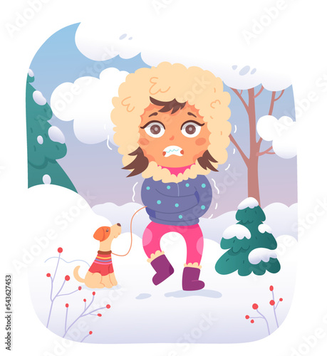 Kid shivering cold winter weather, chills, tremble and shivers of girl while walking dog