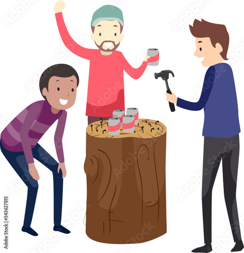 Men Beer Game Stump Cans Hammer Illustration