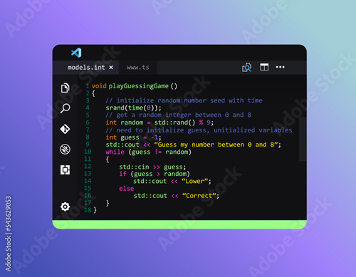 Integrated development environment. Window for developing computer programs. Programming and coding concept. Code on the screen.
