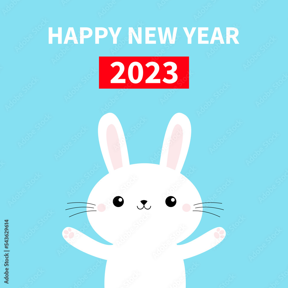 Fototapeta premium The year of the rabbit. Happy Chinese New Year 2023. Cute bunny face head. Cartoon kawaii funny smiling baby character. Long ears. Farm animal. Spring greeting card. Flat design. Blue background.