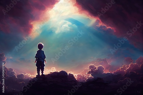 Fotografie, Obraz A little boy stands on a rocky ledge and looks into the sky with fluffy clouds a