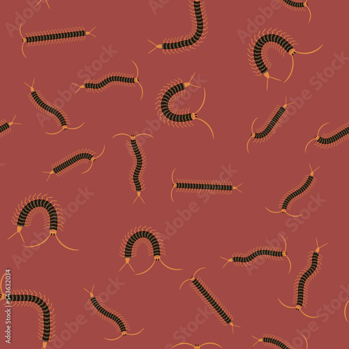Black Cartoon Scolopendra Isolated on Red Background. Giant Sentipede Animal Icon Seamless Pattern.
