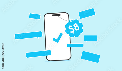 Social media price tag for blue mark verified badge and phone illustartion with bubble text 