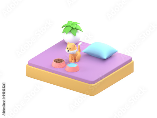 Cat in his House. 3D Illustration