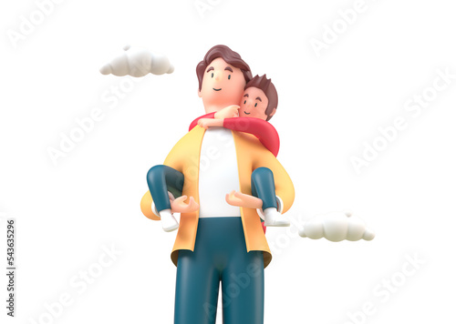Father Holding his Son on His Back. 3D Illustration