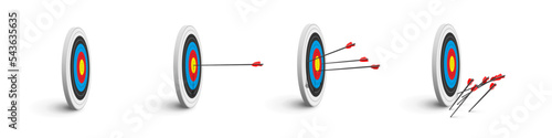 3d archery target with arrows set, darts hit or miss boards with red, yellow, blue rings