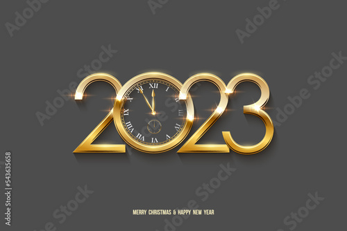2023 Happy New Year and Merry Christmas clock countdown background. Gold numbers and watch face on greeting festive card vector illustration. Holiday poster design element on grey background