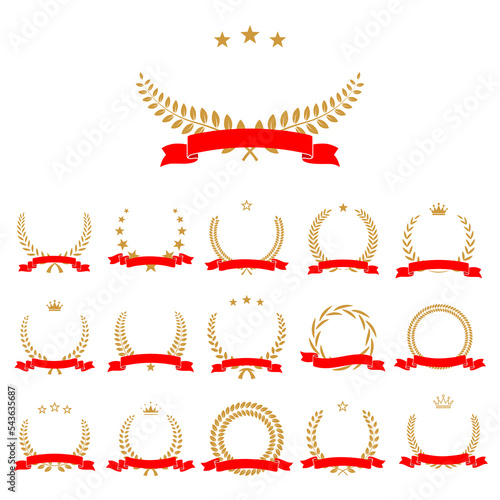 Yellow laurel wreath and red ribbon set vector illustration. Winner award with leaves, crowns and stars silhouettes, trophy, gold certificate or birthday congratulation for ceremony isolated on white