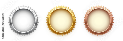 Award golden, silver and bronze blank medals 3d realistic illustration. First, second and third place medals or buttons isolated on black background. Certified. Quality blank, empty badge, emblem set