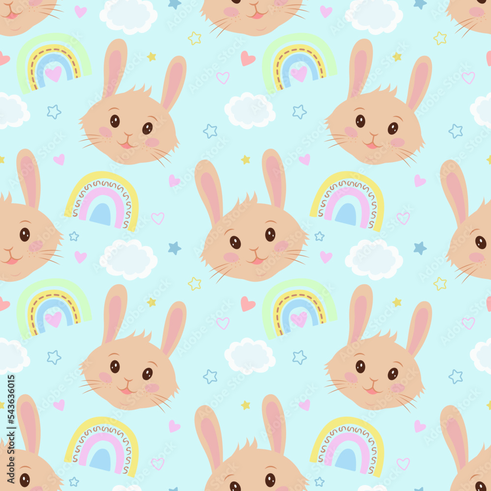 Cute seamless vector pattern with rabbits, hearts, clouds, rainbows and stars. Seamless vector printing on children's fabrics, wallpaper, textiles.