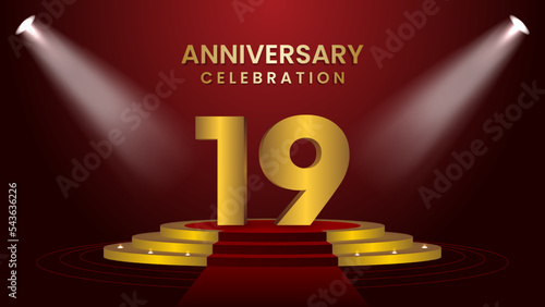 19th Anniversary Celebration With golden stage. Modern and luxurious design template for celebration event, wedding, greeting card, and invitation. Vector illustration