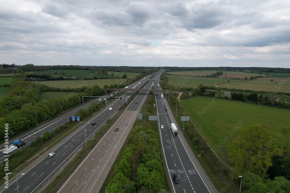 junction of the M25 motorway with the M1 motorway UK drone aerial view