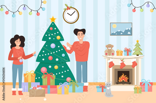 Christmas room interior with love couple. Family Christmas home celebration. Christmas tree, gift boxes, fireplace, cat and decoration.