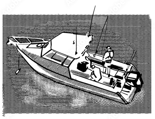 the vector illustration sketch a fishing boat on the ocean
