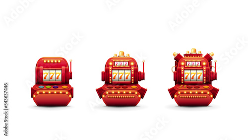 Red volumetric slot machines with jackpot in cartoon style isolated on white background. Steps upgrade of slot machine