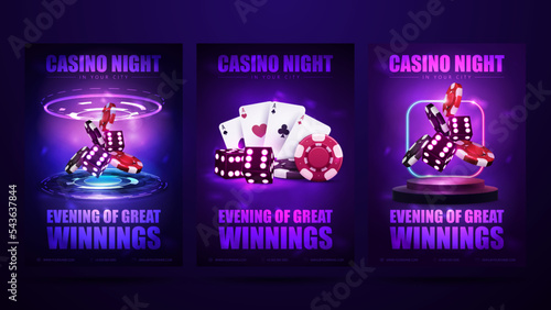Casino night, set of invitation posters with neon casino elements. Posters with neon dice, red and black realistic gambling stack of casino chips and playing cards