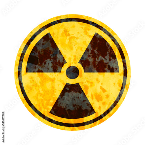 Radiation sign. Danger radioactive warning isolated on white background. Contamination symbol. Yellow trefoil icon on old metal. Threat dirty nuclear bomb. Atomic hazard. Vector illustration