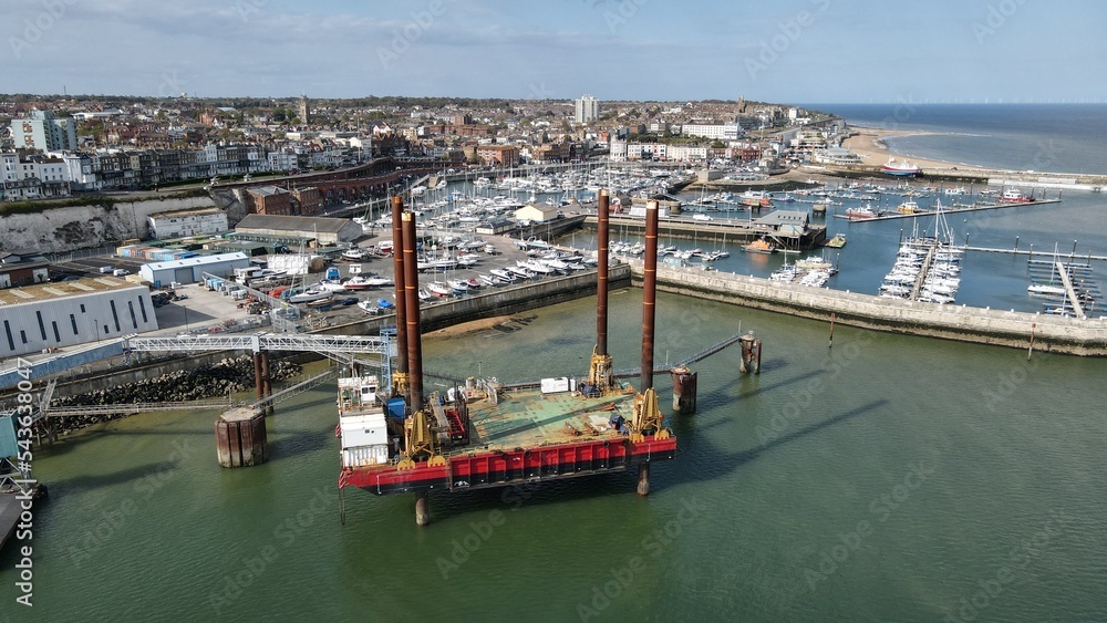 offshore work platform Ramsgate Kent UK drone aerial view
