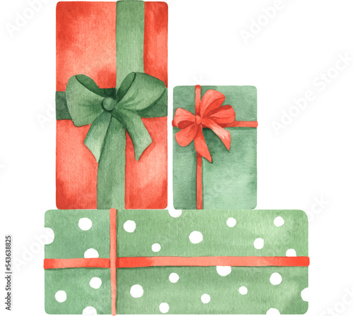 A watercolor pile of gifts drawn by hands. A huge pyramid of gift boxes. Christmas gifts. Festive illustration for textiles, wallpaper, fabric, design elements