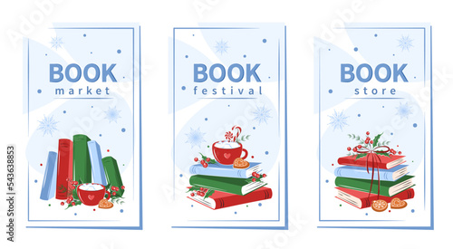 Set of layout design for bookshop, library, bookstore, festival or education. Books with winter decor. Vector illustration