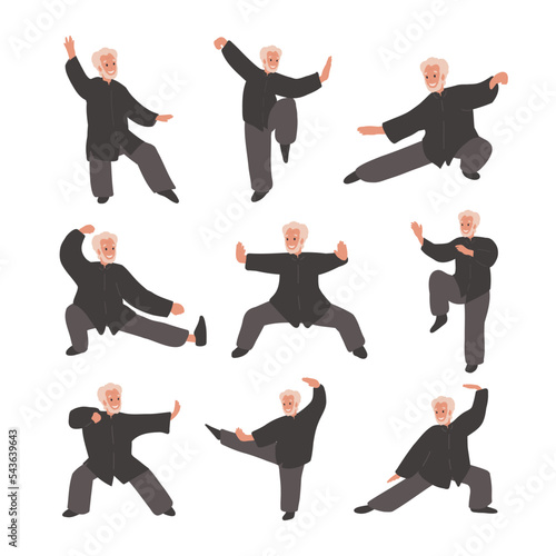 Old, elderly man Practicing Tai Chi and Qigong Exercise set. Balance, equilibrium, hobby, sport, Healthy lifestyle concept. 