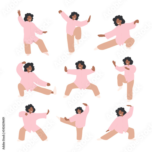 Set of Black Woman Character Practicing Tai Chi and Qigong Exercise in various position. Healthy lifestyle concept