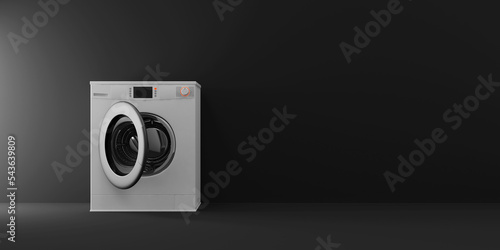 White front-loading washing machine with open door against a dark background, 3D render