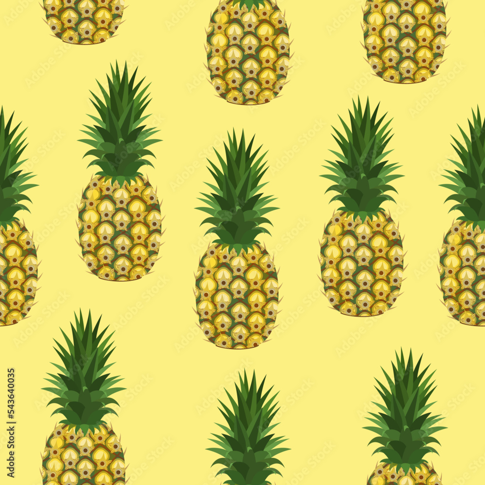 Seamless pattern of ripe pineapple fruits on a yellow background.Vector pattern for textiles,juice packs, Seamless pattern of ripe pineapple fruits on a yellow background.Vector pattern for textiles,juice packs,