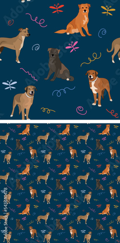 Seamless dog pattern, holiday texture. Navy dark background, colorful abstract elements. Packaging, textile, textile, fabric, decoration, wrapping paper. Trendy hand-drawn mutt breed wallpaper.